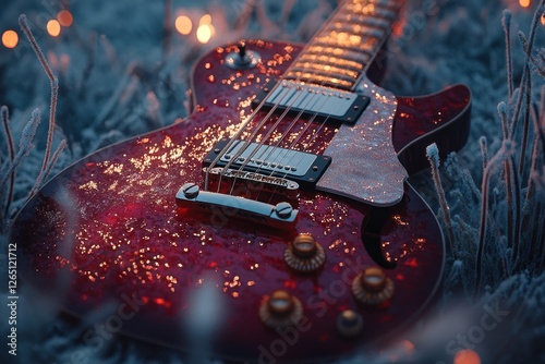 Red electric guitar rests in snowy grass with soft ambient lighting.