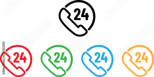 Colorful twenty four hour support icon set in different colors . Call 24 hours icon . Vector illustration