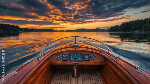 Wooden boat on calm lake at sunset.