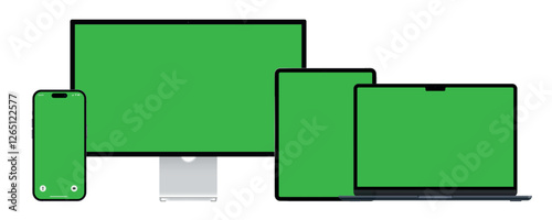 Set of realistic computer monitors, laptops, tablets and mobile phones. Electronic gadgets on white background. Green screen copy space. Modern gadgets with chromakey space on screen.