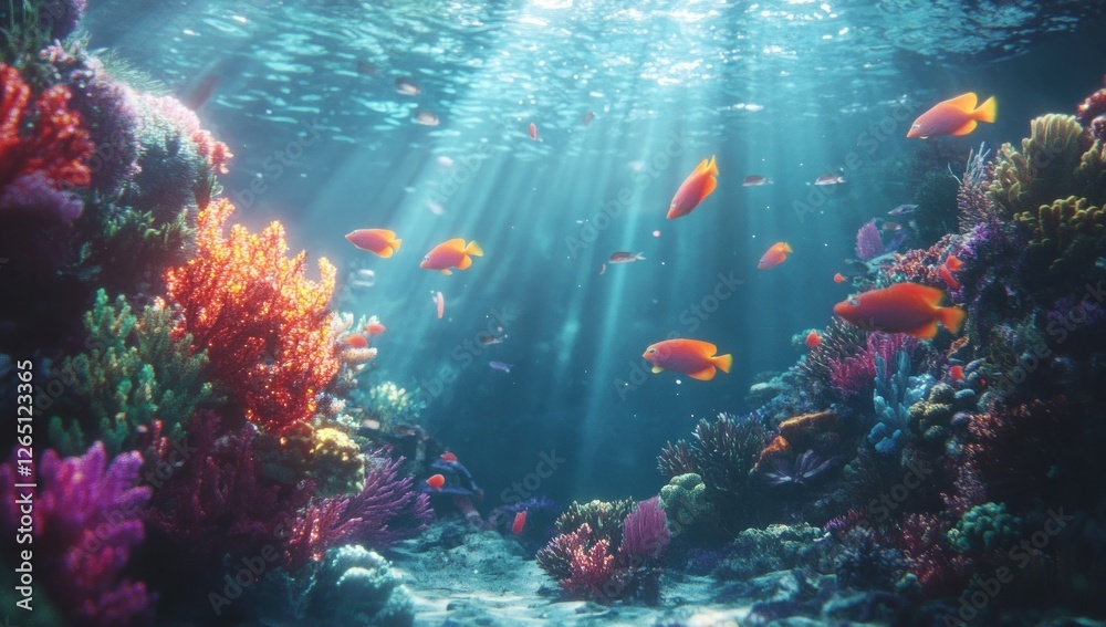 Naklejka premium Vibrant coral reef teeming with colorful fish, sunlight penetrates the water, creating a stunning underwater scene.