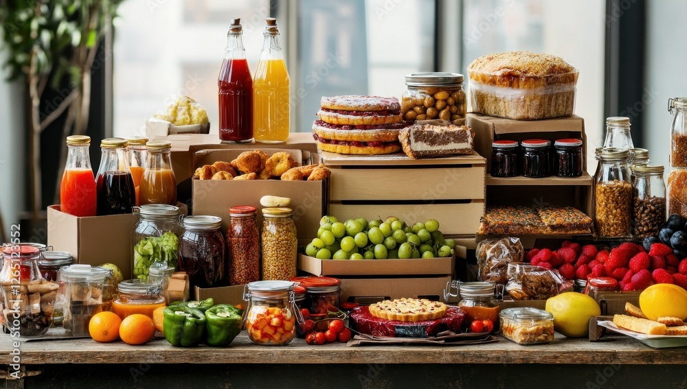 Φωτογραφία Abundant assortment of fresh fruits, vegetables, baked goods, and preserved foods arranged on wooden crates and table
