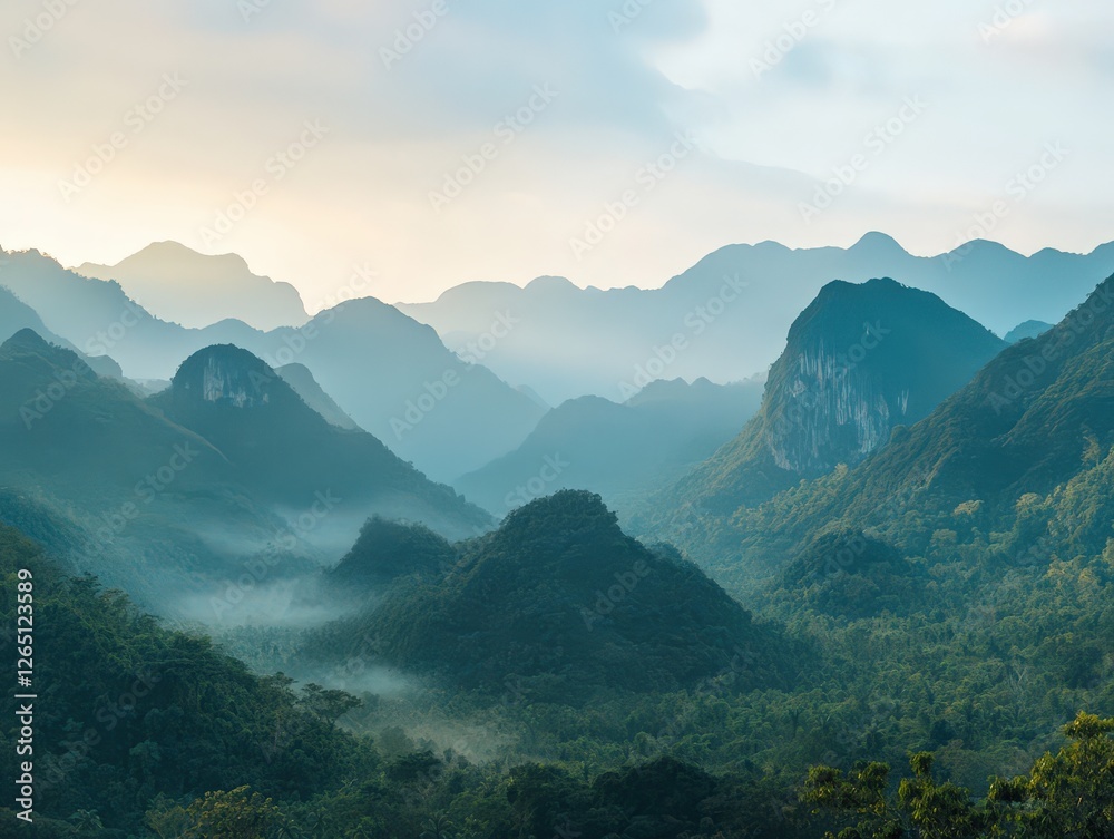 Majestic mountain ranges bathed in morning light with misty valleys below Majestic mountain ranges bathed in morning light with misty valleys below