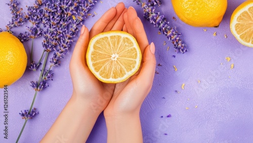 Woman's hands holding a lemon half surrounded by lemons and lavender on a purple background.