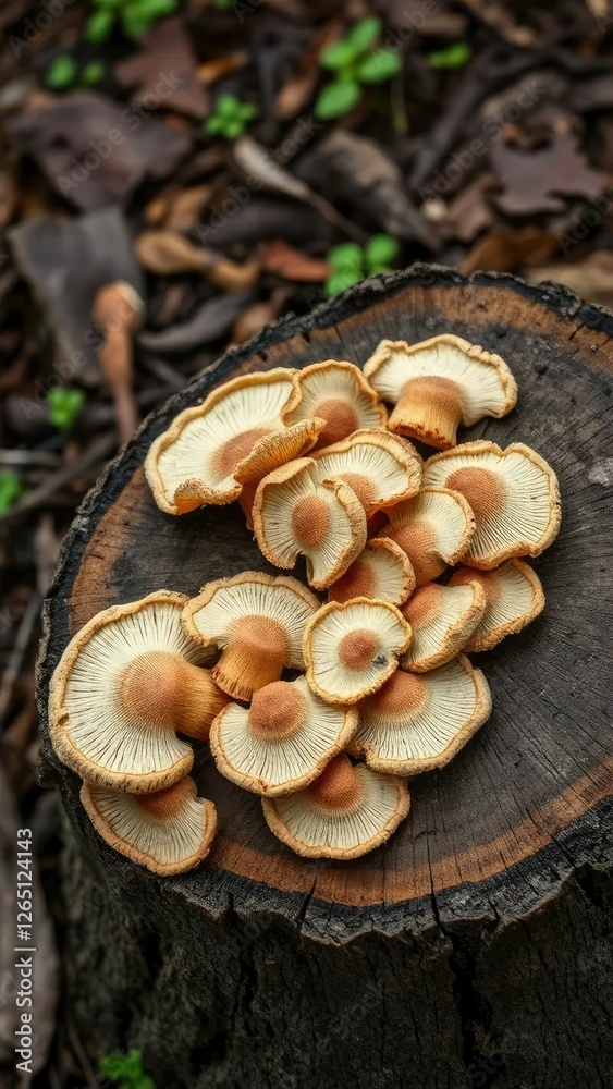 Dried shiitake mushroom caps on a wooden stump, forest floor elements, fungal growth, dried mushrooms