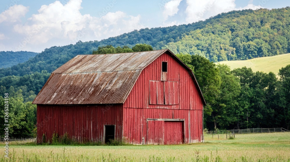 Red barn surrounded by lush green fields and rolling hills under a bright blue sky Red barn surrounded by lush green fields and rolling hills under a bright blue sky
