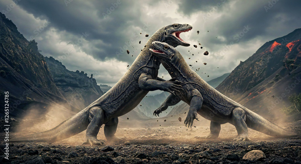 Fototapeta premium two giant Komodo dragons locked in a fierce battle, standing on their hind legs with their powerful jaws wide open
