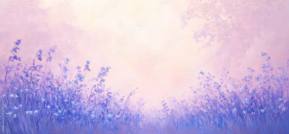 Soft pastel purple wildflowers in a misty field at sunrise.