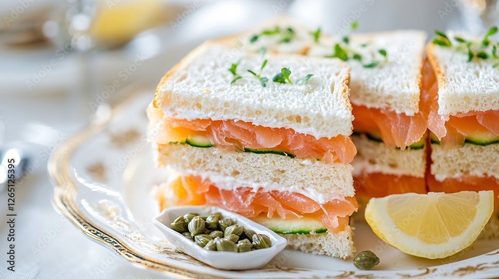An elegant smoked salmon and cucumber tea sandwich presented on fine bone china with delicate gold trim, accompanied by a small dish of capers and lemon wedges An elegant smoked salmon and cucumber tea sandwich presented on fine bone china with delicate gold trim, accompanied by a small dish of capers and lemon wedges
