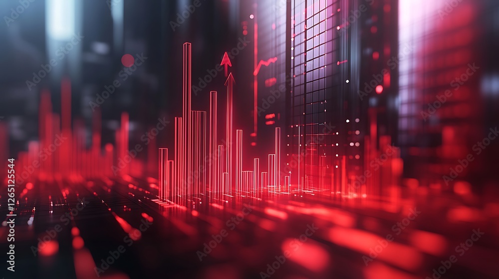 Red Upward Arrow on Bar Graph Symbolizing Growth, A digital illustration of a red upward arrow on a bar graph Red Upward Arrow on Bar Graph Symbolizing Growth, A digital illustration of a red upward arrow on a bar graph