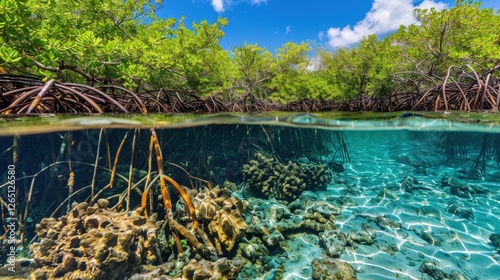 View of Lush Green Mangrove Forest Canopy Showcasing Natural Carbon Sink Contributing to Climate Change Solutions. 