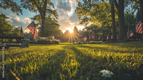 A quiet Memorial Day ceremony held at an outdoor park with flags and solemn faces  photo