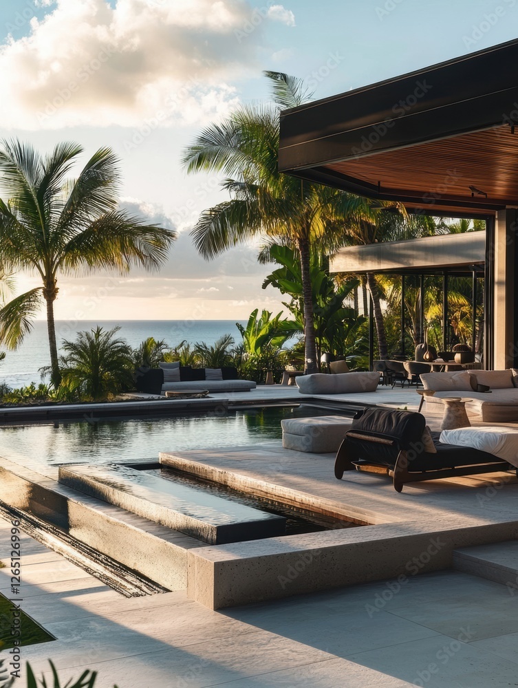 Luxurious oceanfront villa featuring a stunning infinity pool at sunset Luxurious oceanfront villa featuring a stunning infinity pool at sunset