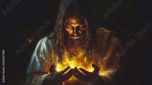 Illuminated Jesus Christ holding hands in amen gesture