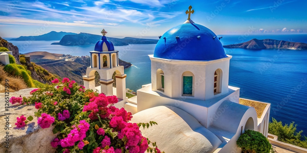 Obraz premium Santorini Kamari Sea View from Agios Nikolaos Church: Vibrant Macro Photography of Architectural Detail and Coastal Scene