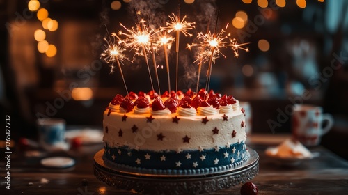 A red, white, and blue-themed cake with sparklers on top, set on a table for an Independence Day celebration photo