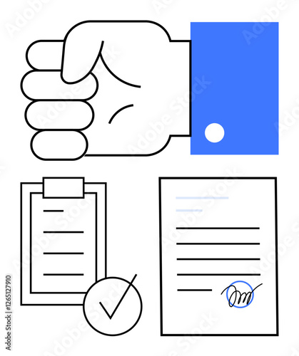 Firm hand gesture above checklist and signed document emphasizes decision-making. Ideal for approval processes, business agreements, contracts, validation, compliance, teamwork, abstract line flat