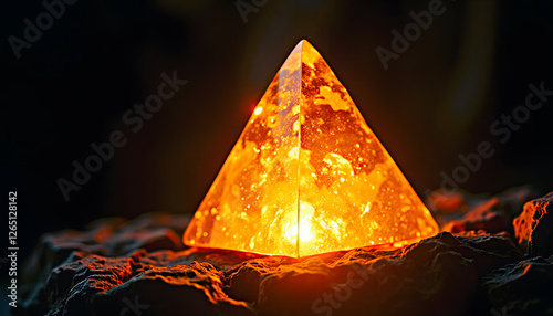 Illuminated Pyramid-Shaped Magic Crystal on Mystic Surface
