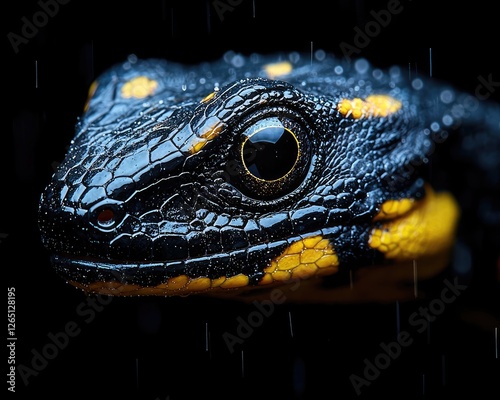 Close-up lizard head, rain background, wildlife portrait photo