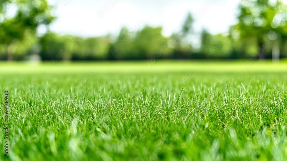 Lush green grass in a serene park setting with trees in the background under a bright sky Lush green grass in a serene park setting with trees in the background under a bright sky