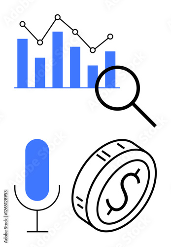 Blue bar graph with trendline, magnifying glass, microphone, and coin with dollar sign. Ideal for finance, business, marketing, analytics insights podcasting search optimization. Abstract line