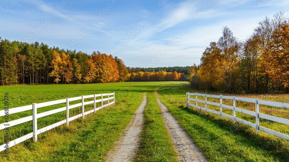 Scenic Autumn Countryside Road with White Fence Green Pasture and Colorful Fall Foliage Scenic Autumn Countryside Road with White Fence Green Pasture and Colorful Fall Foliage