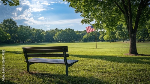 A serene view of an empty bench in a Memorial Day park, the American flag visible in the background  photo