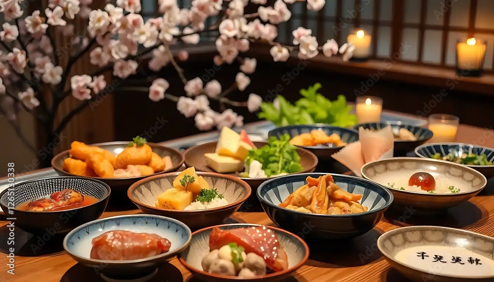 Beautiful arrangement of various Japanese dishes presented on wooden table Beautiful arrangement of various Japanese dishes presented on wooden table