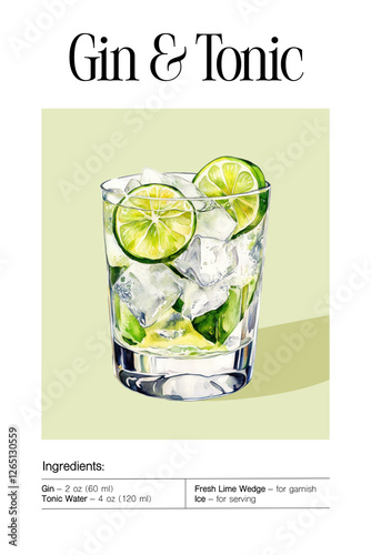 Gin and Tonic cocktail recipe poster with watercolor illustration. Classic gin-based drink with lime and ice in a glass. Bar menu template for design and print