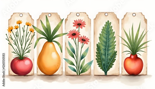 Vintage botanical seed labels with illustrated plants