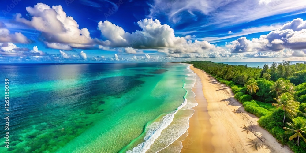 Obraz premium Serene Beach Landscape: Tranquil Sea, Soft Clouds, Blue Sky - Perfect Vacation Stock Photo