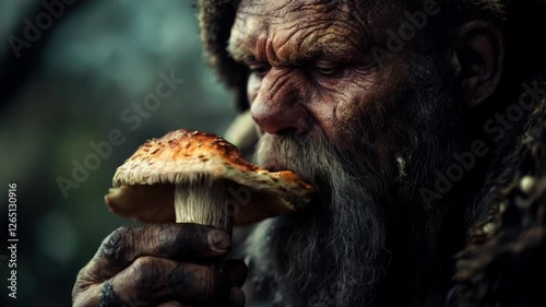 Rugged Elderly Neanderthal Man Eating Red Orange Mushroom in Moody Forest Light