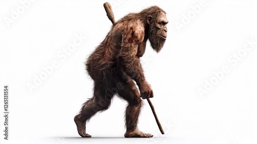 Neanderthal Walking with Stick on White Background Evoking Primitive Journey