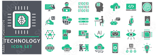 Technology icon set. Containing ai, robotics, biometric, geolocation, cloud computing and automation icon. Set icon collection.
