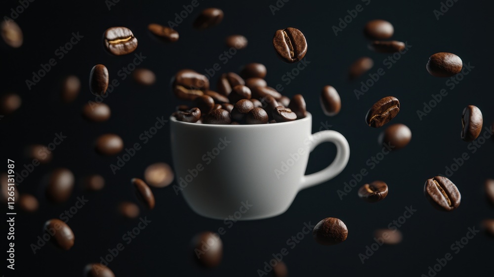 Obraz premium Aromatic Coffee Beans Falling into White Cup Dark Background