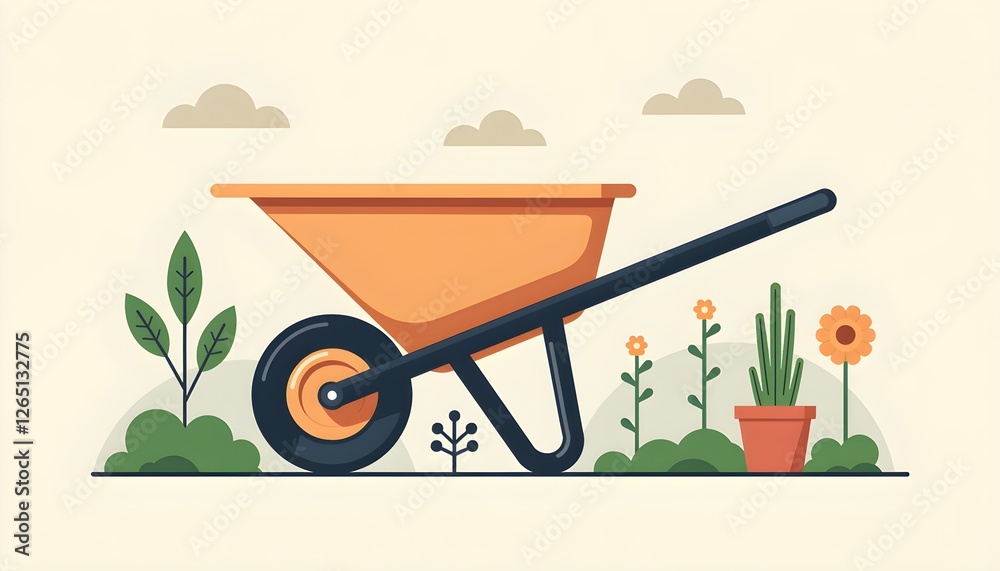 Flat minimalist garden wheelbarrow illustration