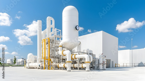 highly efficient gas separation facility with large storage tanks and pipelines under clear blue sky. modern design showcases industrial architecture and advanced technology