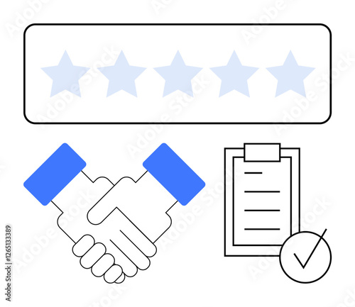 Handshake signifying agreement, five-star rating for quality, checklist denoting a process, and checkmark for approval. Ideal for business deals, quality assurance, customer service, trust, teamwork