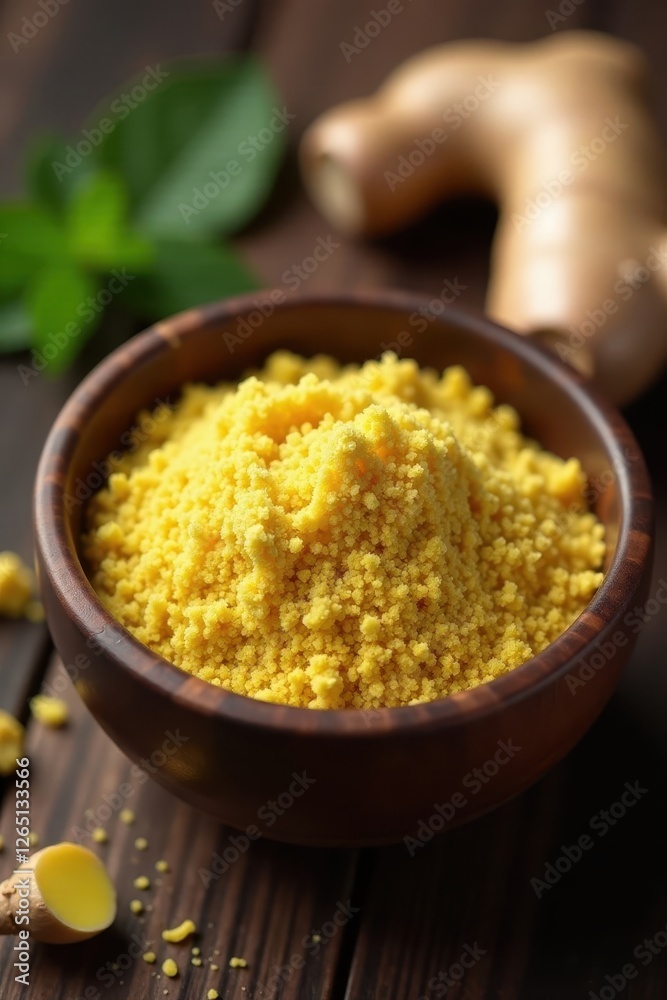 Knobby ginger root & ground ginger in rustic bowl, aromatic, bowl Knobby ginger root & ground ginger in rustic bowl, aromatic, bowl