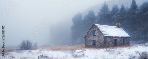 Scottish Highlands Stone Cottage   A centuriesold stone house, snowcovered, standing in the misty, moody winter of the Highlands photo