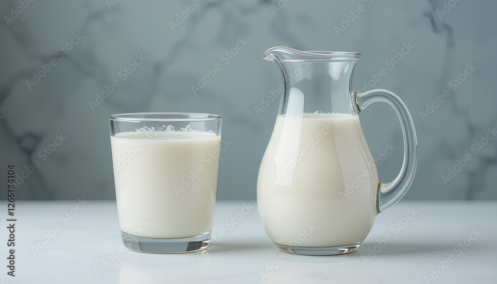 Glass and Pitcher Filled With Fresh Milk on White Surface Glass and Pitcher Filled With Fresh Milk on White Surface