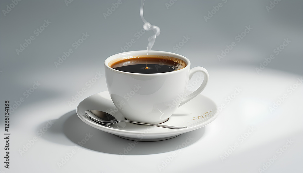 Steaming Cup of Fresh Coffee on White Saucer with Spoon Steaming Cup of Fresh Coffee on White Saucer with Spoon