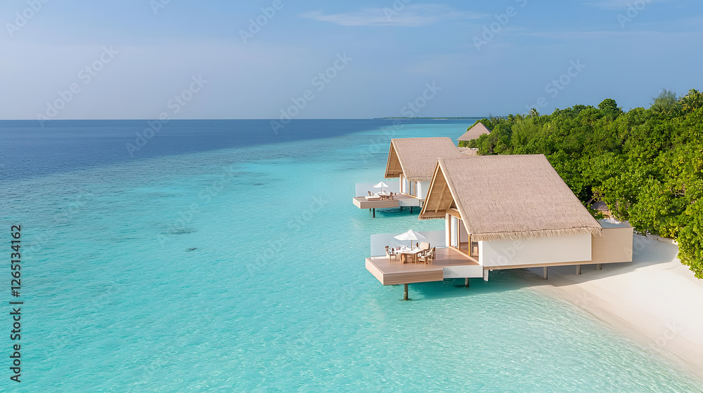 Luxurious beach resort on remote island with overwater bungalows, surrounded by clear turquoise waters and lush greenery, offering serene escape