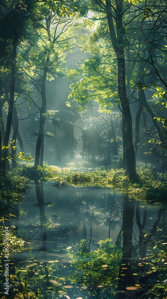 Fototapeta premium Misty Morning in a Serene Forest Clearing with Reflective Pond and Dappled Sunlight