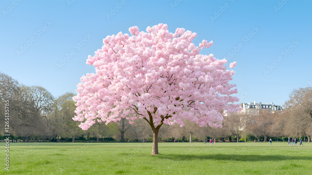 newly bloomed cherry blossom tree stands tall in vibrant park, showcasing its beautiful pink flowers against clear blue sky. scene evokes sense of tranquility and natural beauty newly bloomed cherry blossom tree stands tall in vibrant park, showcasing its beautiful pink flowers against clear blue sky. scene evokes sense of tranquility and natural beauty