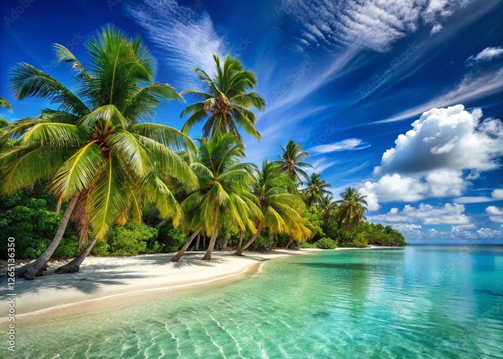 Obraz premium Serene Paradise Island: Palm Trees, Sandy Beach, Azure Sea - Relaxing Vacation Getaway