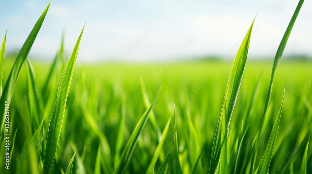 Obraz premium Lush green grass blades swaying gently under a clear blue sky in a tranquil outdoor setting