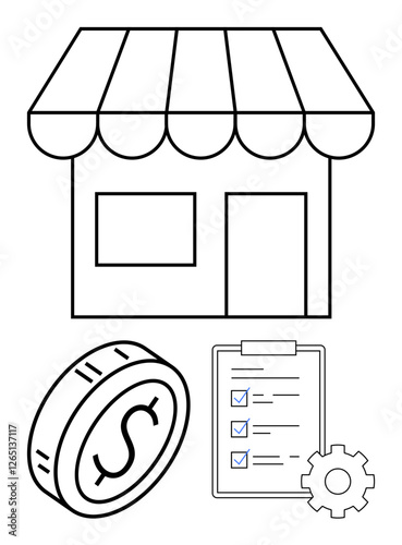 Storefront building with shaded awning, large dollar coin, checklist with checkmarks, and gear icon. Ideal for marketing, finance, planning, management, e-commerce startups and abstract line flat