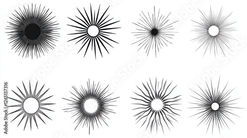 Sunburst vintage. Vector sun burst line icon set. Radial starburst in retro style. Sun ray line in circle design, abstract spark logo in hand draw style.