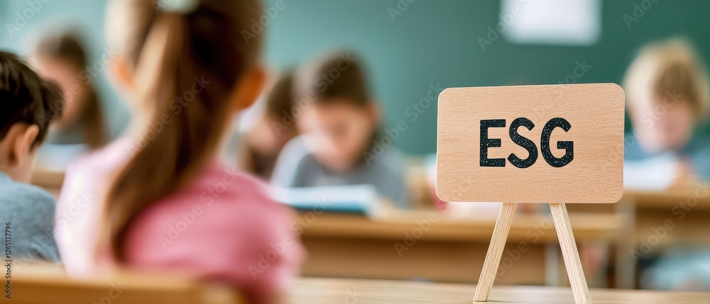Fototapeta premium Classroom scene with students focused on learning, featuring an ESG sign prominently displayed.